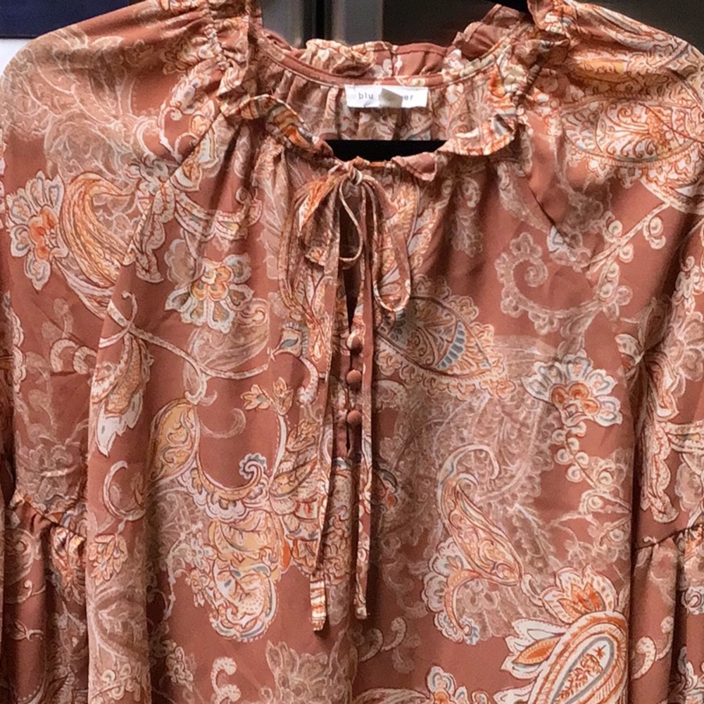 Blu Pepper Brown and Orange Ruffled Tie Front Blouse